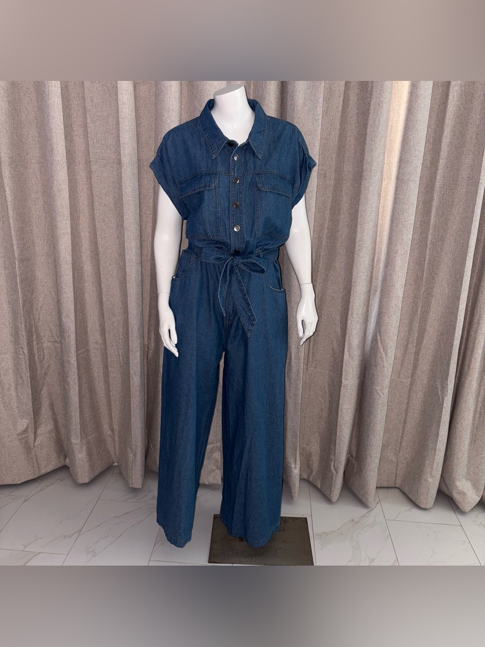 GIVEN KALE SZ XL 100%cotton NEW Denim blue jean Tie-Waist Jumpsuit with pockets